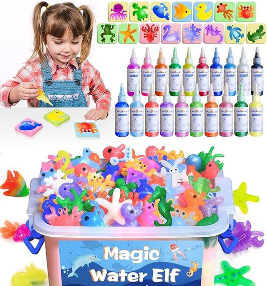 MINISENTIALS Magic Water Elf Toy Kit - 20 Colors Aqua Art Gel 100ml Jumbo Size Famliy Set - 15 Sea Creature Molds Magic Fairy Squishy Maker - Party Favor Birthday Christmas Gift for Kids
