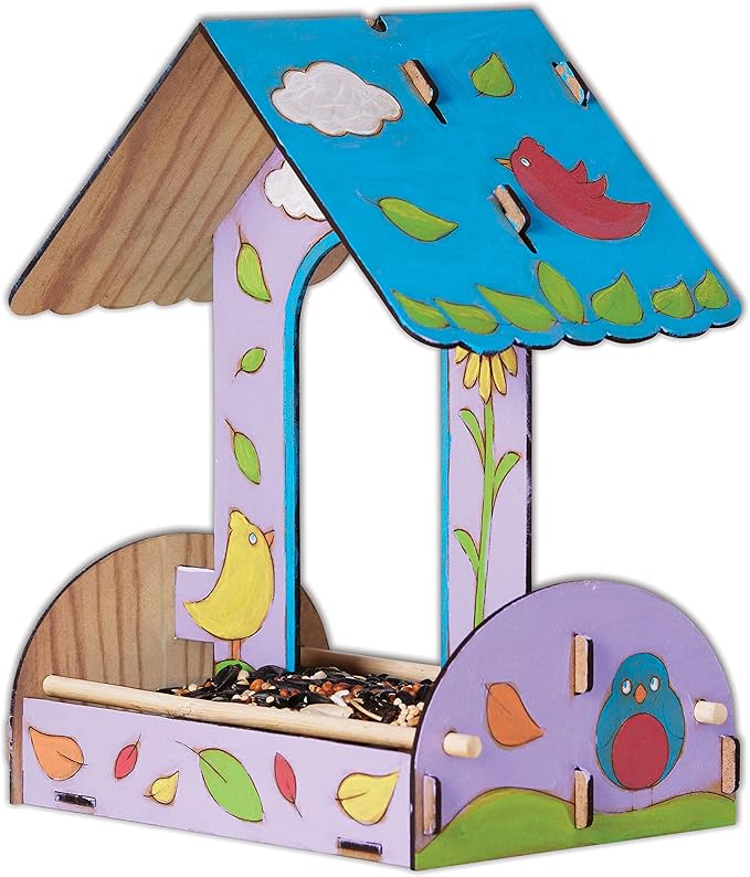 Creativity for Kids Build and Paint Bird Feeder Wood Craft Kit - DIY Bird House Kit for Children, Outdoor Activities for Kids Age 6+,Yellow,orange,blue,white,green,violet