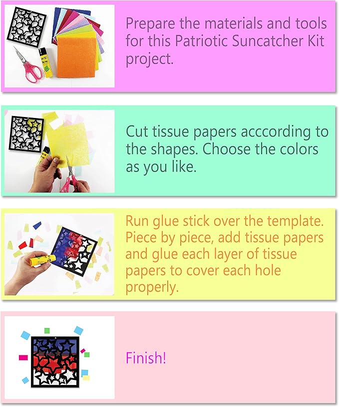 VHALE Suncatchers Craft 3 Sets (9 Cutouts) w Tissue Papers Stained Glass Effect Paper Sun Catcher Kit, Window Art, Classroom Crafts, Creative Art Projects, Kids Party Favors (Patriotic)