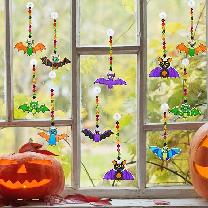 Winlyn 24 Sets Halloween Bat Suncatchers Ornaments DIY Window Paint Art Suncatchers Halloween Craft Kits Bat Suncatchers Painting Kits for Kids Classroom Activities Fall Halloween Party Art Projects