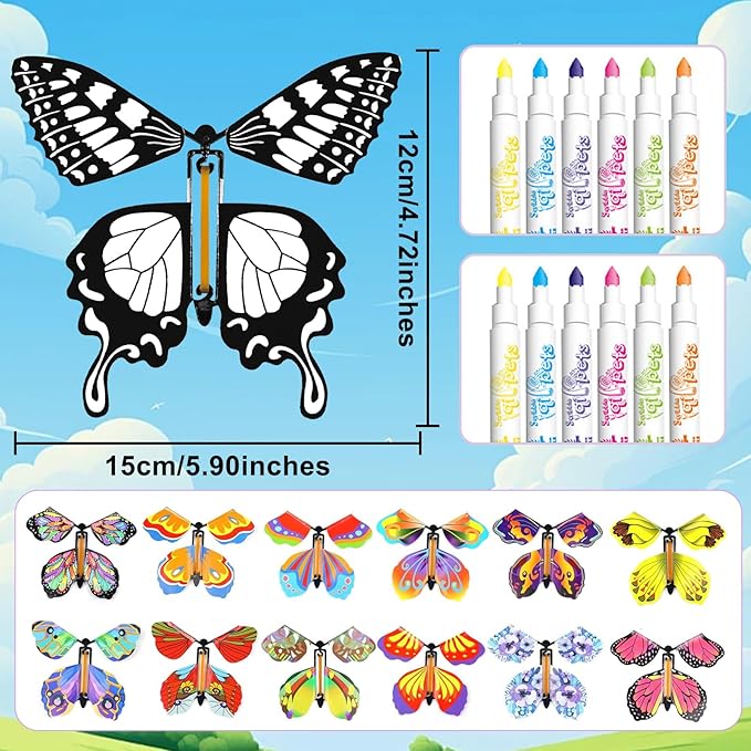 SANYIYIBA 24 Pack Flying Butterfly Craft Kit with 12 Wind Up Butterflies and 12 Color Pens - DIY Toys for Kids' Parties School Activities and Parent-Child Fun