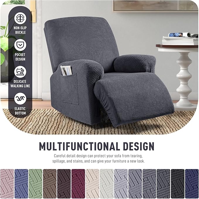 KinCam Recliner Covers, Stretch Reclining Chair Covers, Recliner Sofa Slipcovers Stripe Jacquard Recliner Couch Covers Furniture Protector Covers for Pet Kid (1 Seater, Charcoal Gray)