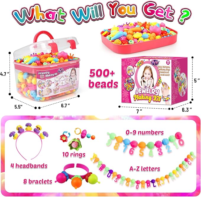 FUNZBO 520+ Snap Pop Beads - Beads for Bracelets Jewelry Making Kit, Arts and Crafts Supplies for Kids, Toys for Girls Age 3 4 5 6 7 8 Years Old Birthday Easter Holiday Valentine Gift