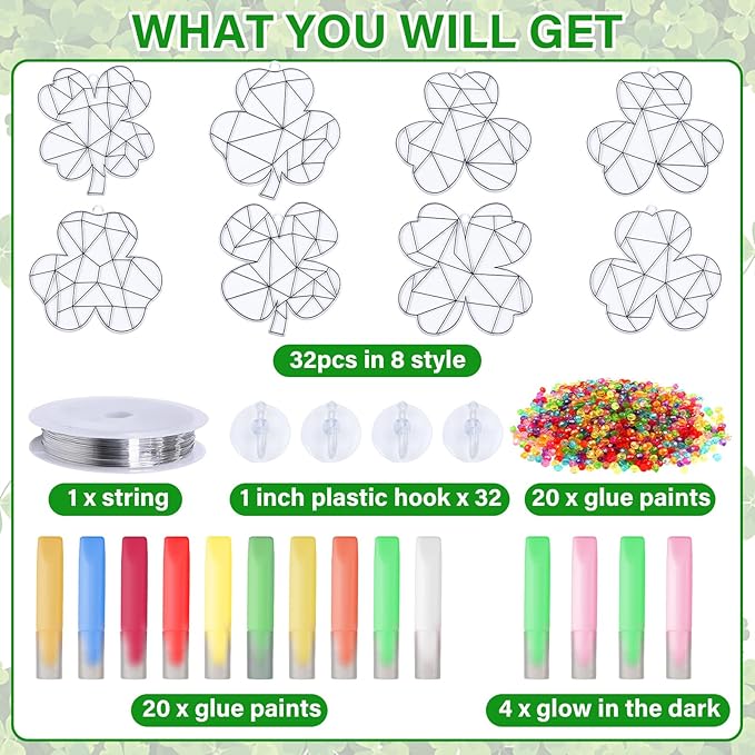 Qyeahkj 32 Sets St. Patrick's Day Suncatcher Crafts Kit for Kids DIY Shamrock Window Paint Suncatcher Arts Crafts Window Ornament Decor for St. Patrick's Day Gift Classroom Art Project Gift Favor