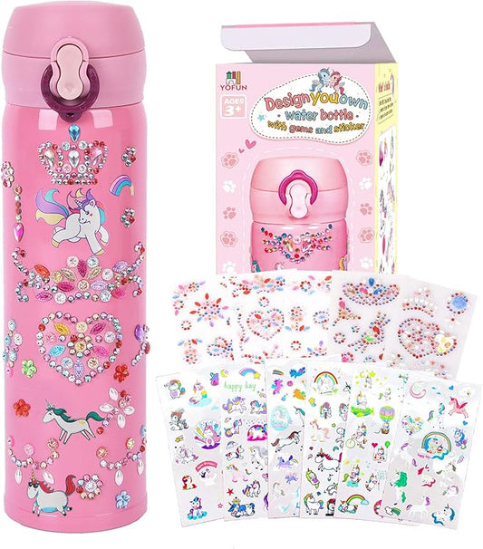 YOFUN Decorate Your Own Water Bottle with 11 Sheets of Unicorn Stickers & Glitter Gems, Craft Kit & Art Kit for Children, Gift for Girls Age 4 5 6 7 8 9 10 Years Old Kids, BPA Free Insulated (Pink)