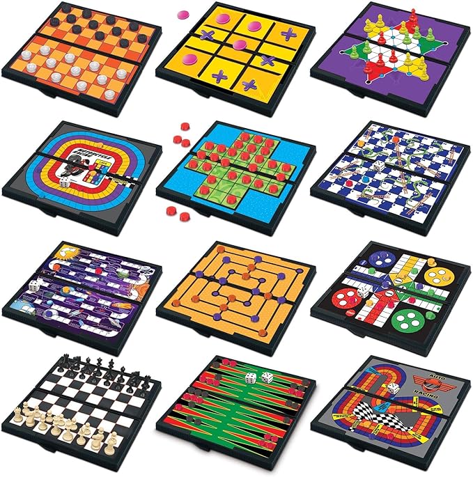 Magnetic Board Game Set by GAMIE - Includes 12 Retro Fun Games - 5" Compact Design - Individually Boxed - Teaches Strategy & Focus - Great for Road Trip/Travel/Camping - Best Gift for Kids Ages 6+