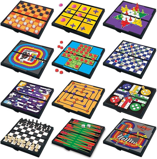 Magnetic Board Game Set by GAMIE - Includes 12 Retro Fun Games - 5" Compact Design - Individually Boxed - Teaches Strategy & Focus - Great for Road Trip/Travel/Camping - Best Gift for Kids Ages 6+