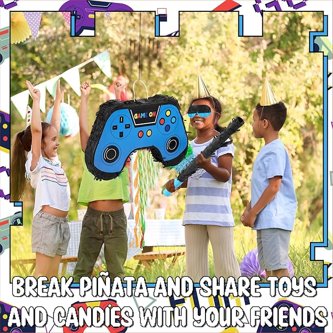 Meooeck 90 Video Game Party Favors Include Game Controller Piñata with Blindfold Baton Confetti Slap Bracelet Keychain Straw Sticker Gamer Party Favors Gamer Birthday Decorations for Theme(Blue)