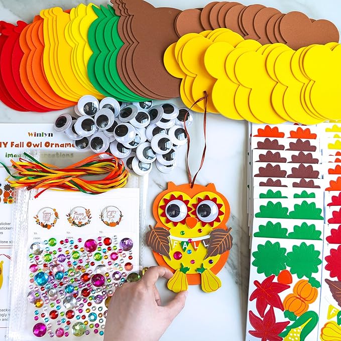 Winlyn 24 Sets Fall Craft Kits Autumn Crafts DIY Fall Owl Ornaments Decorations Art Sets Maple Leaves Pumpkin Foam Stickers Arts and Crafts for Kids Classroom Activities Holiday Harvest Party Favors
