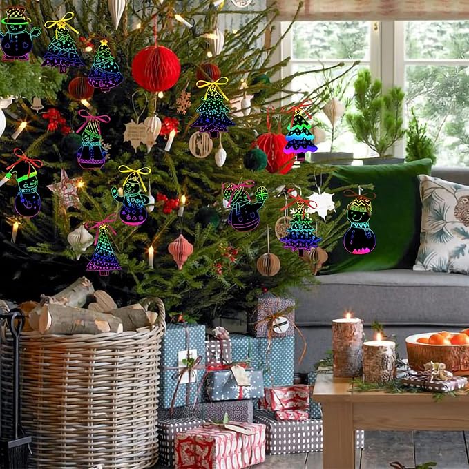 96Pcs Christmas Tree Snowman Scratch Paper Rainbow Color Scratch Ornaments Christmas Decorations Hanging Craft Art Kits with Wooden Stick and Ribbon for Kids Christmas Winter Party Favors