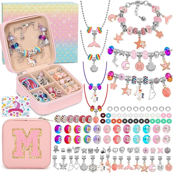LifeisLuck Charm with Bracelet Making Kit, Jewelry Making Kit for Girls DIY Bead Necklace Kit with A to Z Bracelet Box Unicorns Crafts Arts Girls Toys Age 8-12 Birthday Gifts for Kids - M