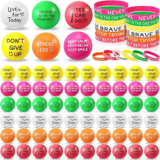 Shappy 144 Pcs Motivational Party Favor Includes 72 Stress Relief Motivational Stress Balls 1.97 Inch Mini Foam Balls 72 Inspirational Silicone Bracelets Quote Silicone Wristbands (Bright Color)
