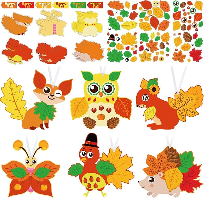 Fall Craft Kits for Kids Cute Animals Turkey Autumn Owl Crafts DIY Maple Leaves Thanksgiving Crafts Bulk for Fall Theme Party Home Classroom Game Activities Party Favors (24 Sets)