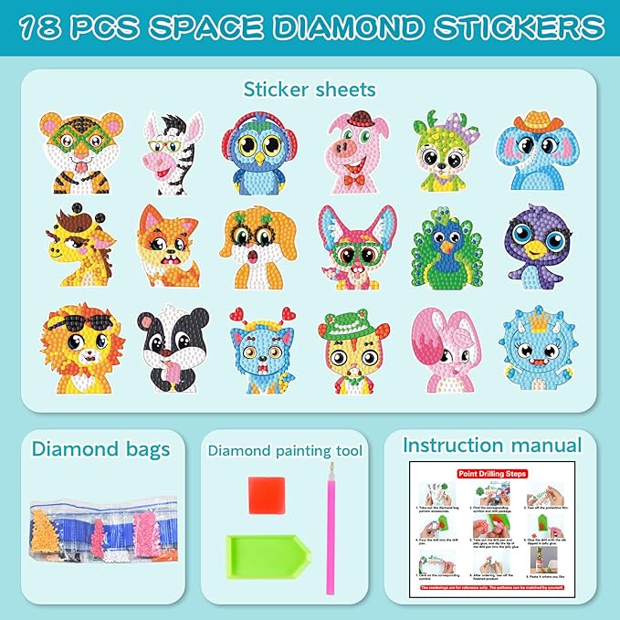 MEIEST 18 PCS Animals Diamond Art Painting Stickers Kit,DIY Mosaic Stickers by Numbers Arts and Crafts Set for Kids,Creative Handmade Gift