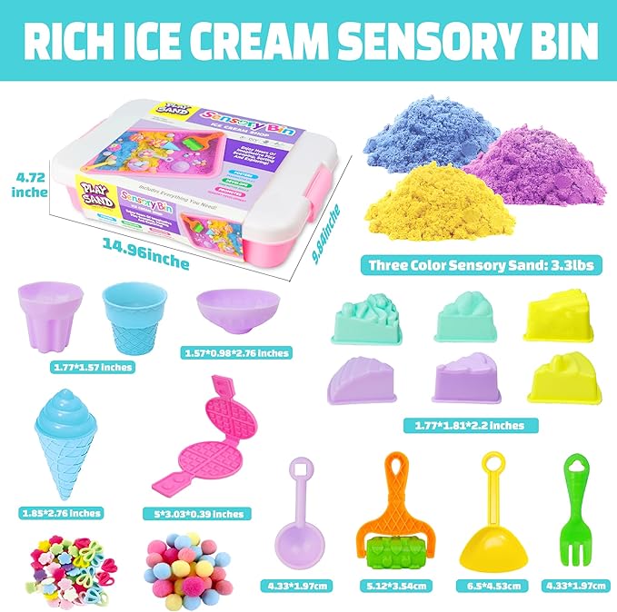 Sensory Bin - Baking & Ice Cream Making Set with 3.3lb Play Sand, Waffle Cake Molds and Sand Tools, Ice Cream Toy Shop, Gifts for Girls & Boys