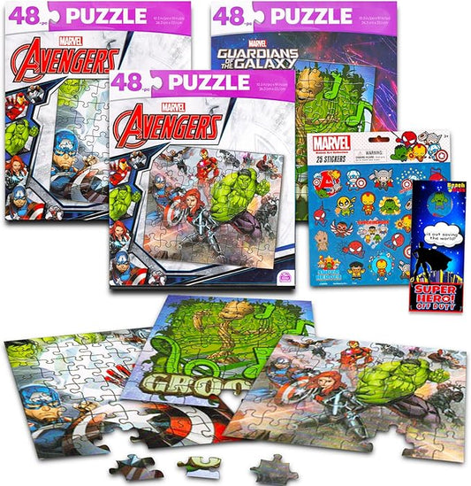 Marvel Heroes Premier Puzzles - Bundle with 3 Assorted 48 Piece Avengers Puzzles Plus Avengers Stickers and More (Superhero Puzzles)