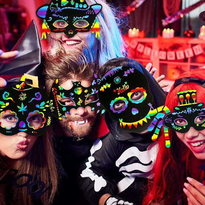 MGparty Halloween Crafts, 42PCS Halloween Rainbow Scratch Mask, Magic Scratch Paper Art for Kids Birthday Classroom Decoration for Halloween Party Favors Gifts Party Games Projects Kits