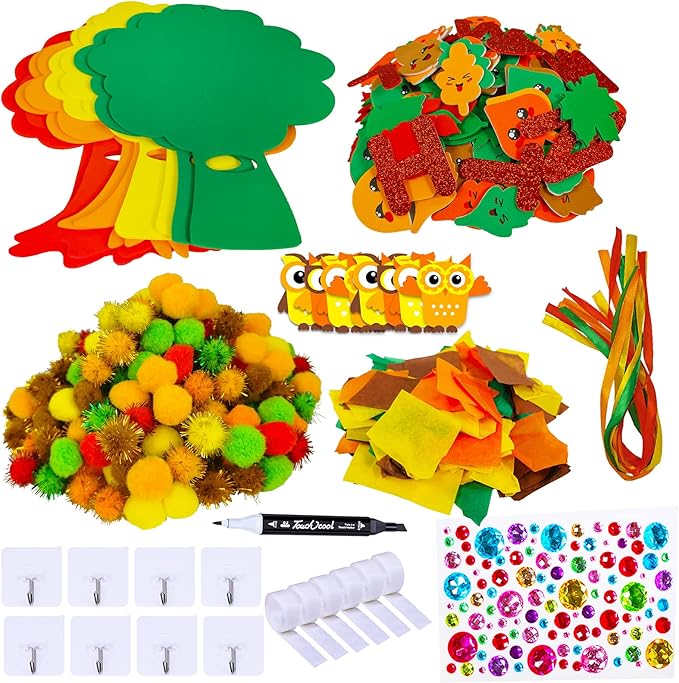 Winlyn 8 Sets Fall Crafts Kits Kids Fall Crafts Bulk Thanksgiving Crafts DIY Thankful Tree Art Sets Autumn Leaf Foam Stickers Pom-Poms Arts and Crafts for Kids Holiday School Classroom Activities