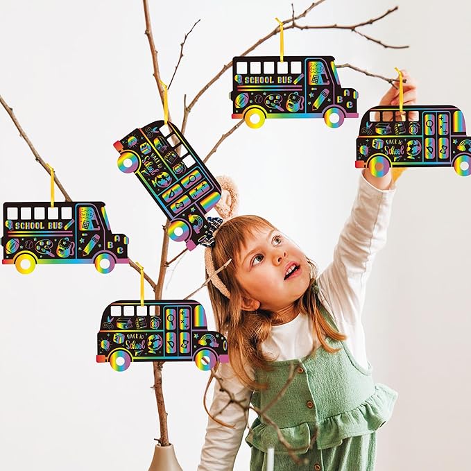B1ykin School Bus Scratch Cards Gift - Back to School Magic Bus Scratch Paper Art Kit for Kids, DIY First Day of School Scratch Off Hanging Card Party Favors for Classroom Activity Art Project