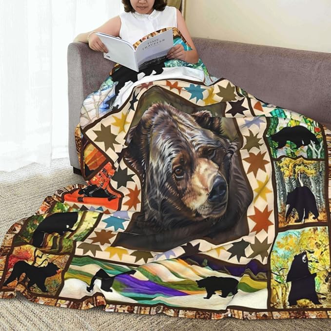 Black Bear Throw Blanket Rustic Brown Farmhouse Plush Bed Blanket Countryside Woodland Animal Soft Cozy Fleece Plush Warm Flannel Bedding Blanket for Boys Kids Teens Adults Couch Travel 50"X60"