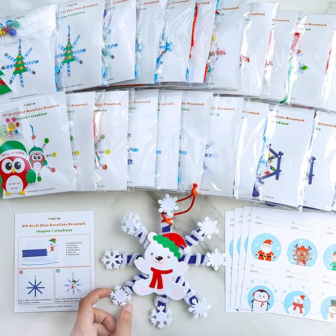 Winlyn 24 Sets Christmas Craft Kits Winter Crafts Popsicle Stick Snowflake Ornaments Decorations Art Sets Craft Stick Snowflake Christmas Stickers for Kids Holiday Classroom Activities Party Favors