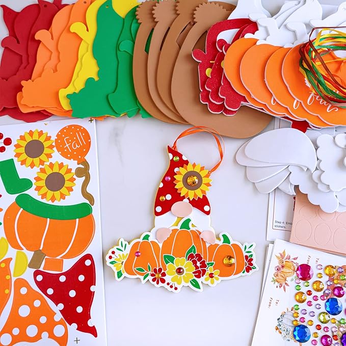 Winlyn 24 Sets Thanksgiving Gnome Decorations Art Sets Fall Crafts Thanksgiving Kids Crafts Thanksgiving Craft Kits Autumn Gnome Pumpkin Foam Stickers Arts and Crafts for Kids Adults Favors Activities