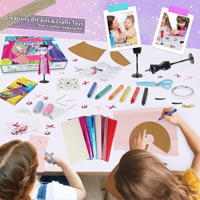 deAO Fashion Design Kit for Girls with Mannequins Creativity DIY Arts & Crafts Toys Doll Clothes Sewing Kit Kids Learning Toys Craft Activities with Real Fabric and Sewing Tools for Age 3+
