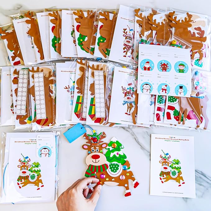 Winlyn 24 Sets Christmas Craft Kits Winter Crafts DIY Xmas Reindeer Ornaments Decorations Festive Foam Stickers Christmas Arts and Crafts for Kids Holiday Home Classroom Art Activities Party Favors