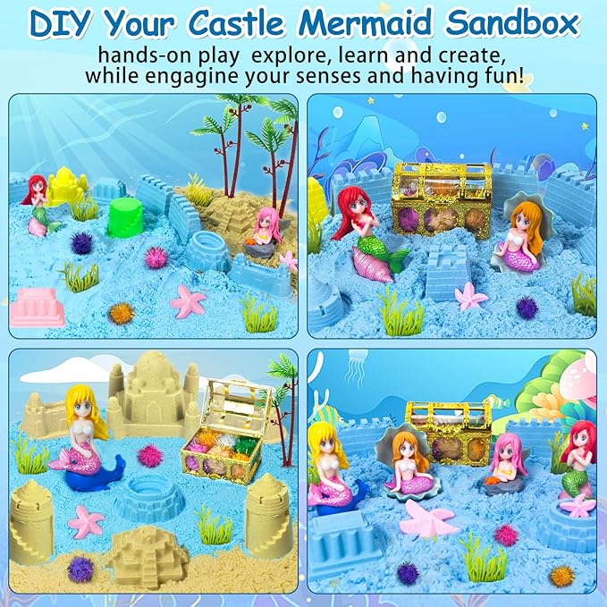 Mermaid Sensory Bin Sandbox Toys for Toddlers Girls Kids- Mermaid Toys for Kids Play Sand Kit Sensory Sand Bin Toys with 2.2 lbs Sand & Castle Mold,Great Christmas Birthday Gift for Girl Kids
