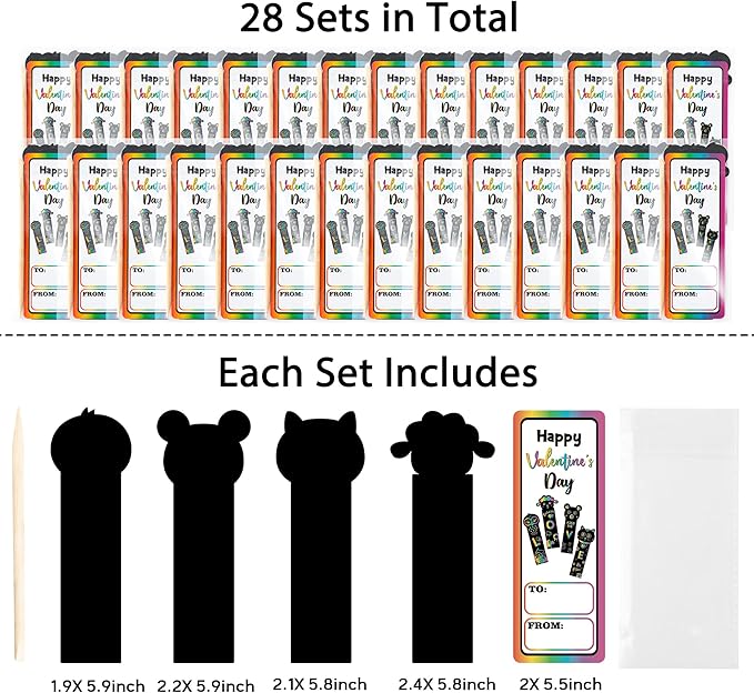 WATINC 28 Set Valentine's Day Animals Scratch Bookmarks with Cards for Kids, Valentine Scratch Off Card Art Craft Kit, Exchange Gift DIY Magic Color Paper for Classroom School Home Party Favor