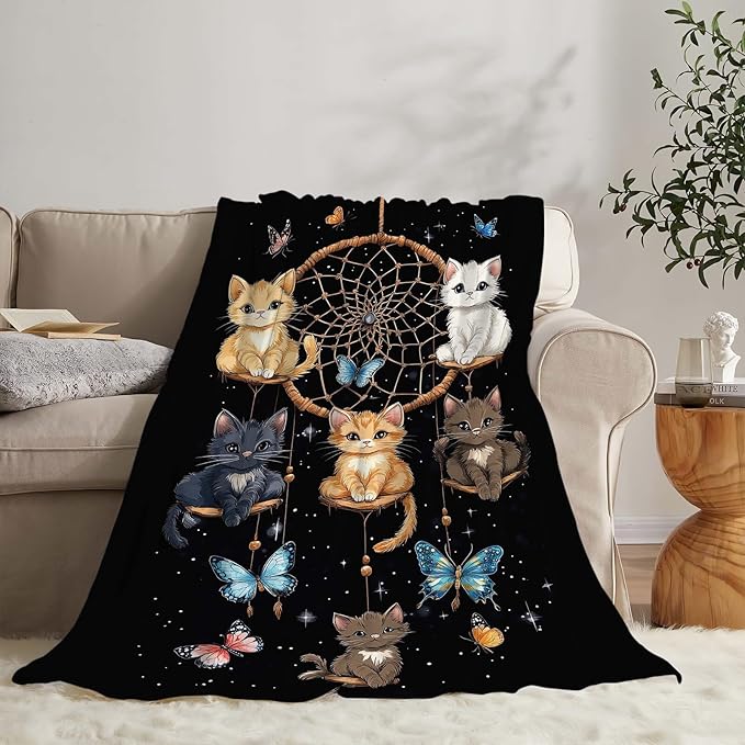 Cute Cat Throw Blanket Dream Catcher Cartoon Cat Gifts for Kids Girls Adults Women Soft Cozy Warm Plush Fluffy Fuzzy Fleece Blanket Birthday Festival Home Decor 40''X50''