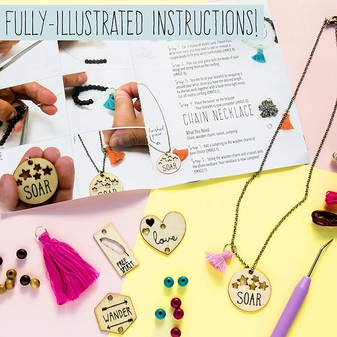 STMT DIY Wooden charm & Tassel Jewelry Art & Craft Kit by Horizon Group USA, Design & Create 10Piece of Vsco Girl Jewelry, Includes Wood Charms, Colorful Tassels, Beads, Chains & More, Multicolored