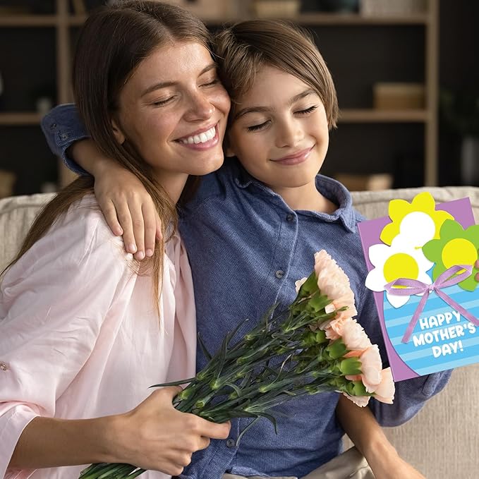 Geyee 16 Sets Mother's Day Greeting Card Kit for Kids Flower Pots Card Making Kit with Ribbon Happy Mothers Day DIY Art and Craft Projects Gifts for Kids Classroom Game Home Activities