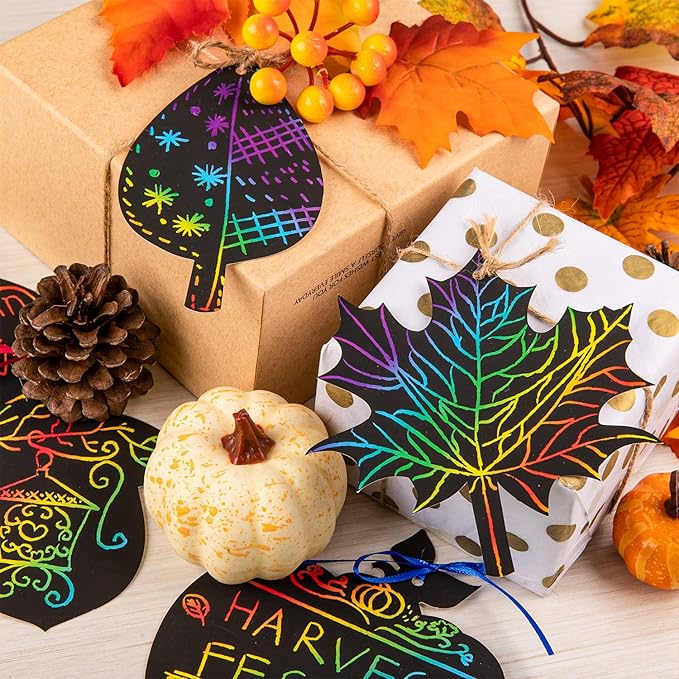 Whaline 60 Pack Fall Theme Rainbow Scratch Art Set Thanksgiving Black Scratch Paper Pumpkin Autumn Leaves Acorn Pattern with 60Pcs Ribbons and 15Pcs Wooden Styluses for Birthday Harvest Party Decor