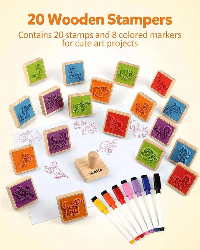 Coogam Wooden Animal Stamps Printing Toy Set, 20pcs Color Shape Stamping for DIY Scrapbook Arts Crafts Supplies Party Favor Toy Gift with Markers Suitable for 3 4 5 Year Old Kids