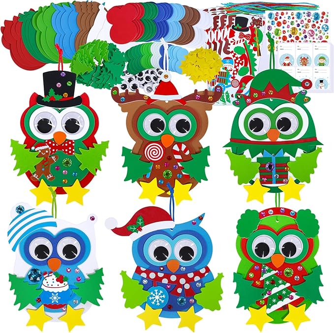 Winlyn 24 Sets Christmas Craft Kits Winter Crafts DIY Christmas Owl Ornaments Decorations Art Sets Foam Owl Christmas Tree Holiday Stickers for Kids Festival Home Classroom Activities Party Favors