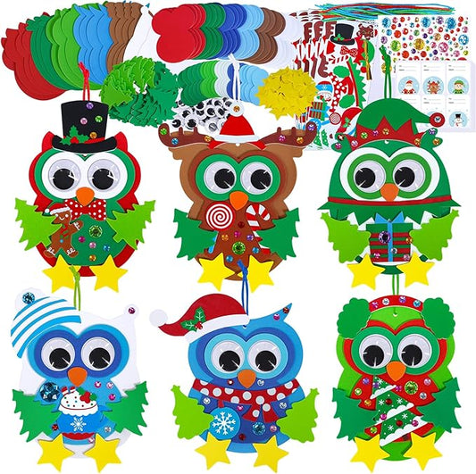 Winlyn 24 Sets Christmas Craft Kits Winter Crafts DIY Christmas Owl Ornaments Decorations Art Sets Foam Owl Christmas Tree Holiday Stickers for Kids Festival Home Classroom Activities Party Favors
