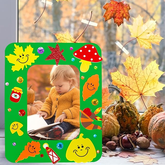 Winlyn 24 Sets Thanksgiving Craft Kits Fall Crafts DIY Autumn Harvest Picture Frame Decorations Festive Foam Stickers Fall Arts and Crafts for Kids Holiday Home Classroom Art Activities Party Favors