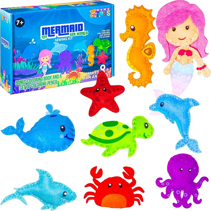 MOMOTOYS Kids Sewing Kit for Kids, Fun & Educational Mermaid and Sealife Sew Craft Set for Boys and Girls Ages 8-12, Complete Beginner Sewing Kit with Felt Plushie for Creative DIY Projects