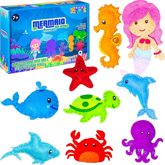 MOMOTOYS Kids Sewing Kit for Kids, Fun & Educational Mermaid and Sealife Sew Craft Set for Boys and Girls Ages 8-12, Complete Beginner Sewing Kit with Felt Plushie for Creative DIY Projects