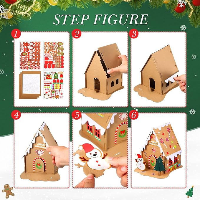 Sumind 3 Sets Christmas Gingerbread House Kit Small Xmas DIY Craft Kit Mini Christmas Cardboard Make-a-Gingerbread House Craft for Christmas Party Craft Holiday Supplies Decor(Lovely Style)