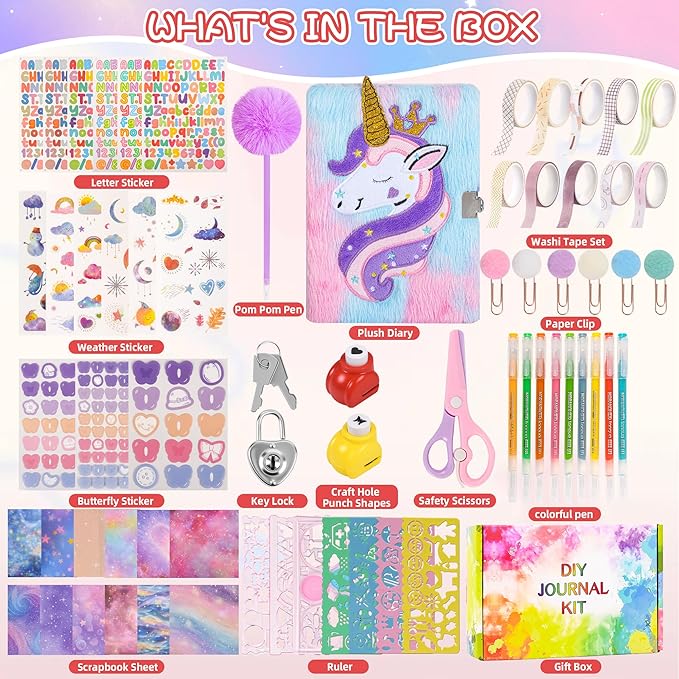 LiYiQ Plush Unicorn Diary Gift for Girls Kids Travel Journal Secret Diary with Scrapbook Paper Stickers Journal Stencils Pompom Pen and Washi Tape Practical Set Gift for Birthday Christma