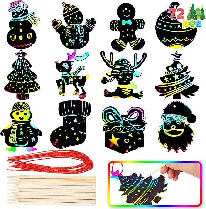 JOYIN 72 Pcs Christmas Scratch Art Ornaments, Rainbow Color Scratch Paper Craft Kit Include Snowman, Christmas Tree, and Reindeer, Scratch Off Hanging Ornament for Kids Party Favor