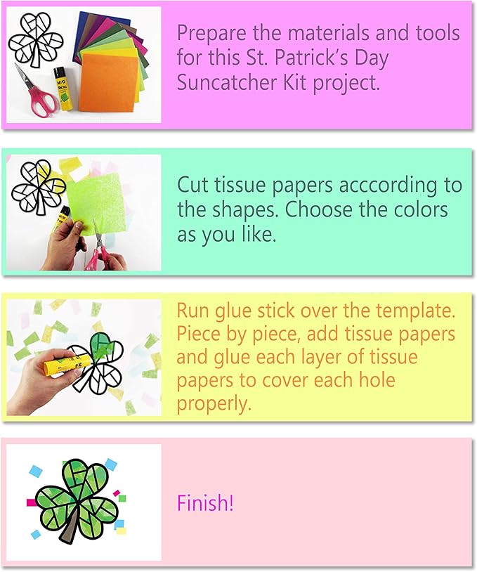VHALE Suncatchers Craft 3 Sets (9 Cutouts) w Tissue Papers Stained Glass Effect Paper Sun Catcher Kit, Window Art, Classroom Crafts, Creative Art Projects, Kids Party Favors (St. Patrick's Day)