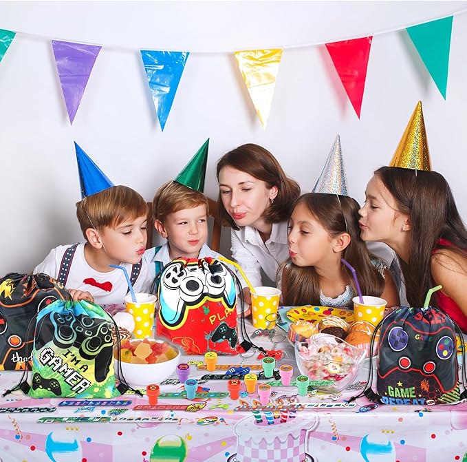 98 Pcs Video Game Party Favors Gifts Set Include Gamer Party Favor Stickers Stamps Keychains Slap Bracelets and Drawstring Bags Party Decorations for Kids Video Game Birthday Party Favors Supplies