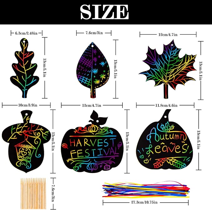 Whaline 60 Pack Fall Theme Rainbow Scratch Art Set Thanksgiving Black Scratch Paper Pumpkin Autumn Leaves Acorn Pattern with 60Pcs Ribbons and 15Pcs Wooden Styluses for Birthday Harvest Party Decor