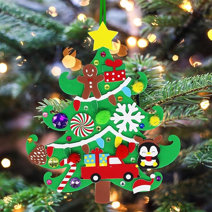 Winlyn 24 Sets Christmas Tree Ornaments Decorations Art Sets DIY Christmas Craft Kits Pine Tree Snowman Snowflake Penguin Foam Stickers Arts and Crafts for Kids Party Favors Home Classroom Activities