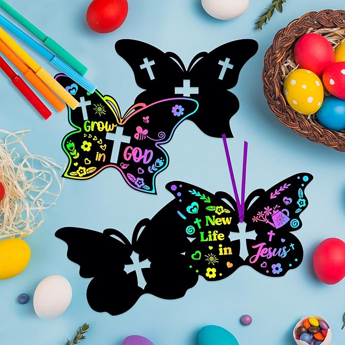 BeYumi 60Pcs Spring Christian Butterfly Scratch Cards for Kids DIY Religious Cross Magic Rainbow Color Craft Kit Scratch Paper Art Spring Resurrection Sunday School Classroom Decorations Gifts