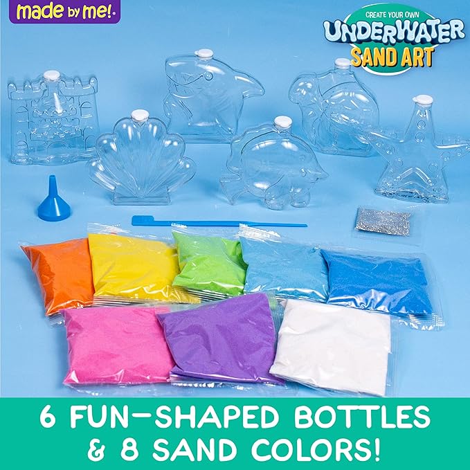 Made By Me Create Your Own Underwater Sand Art, Includes 6 Ocean-Themed Bottles, 8 Sand Colors, Glitter, & Funnel, Great Staycation or Group Activity, Party Idea, DIY Sand Art For Kids Ages 6, 7, 8, 9