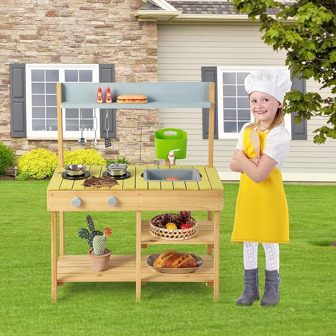 HONEY JOY Mud Kitchen, Fir Wooden Play Kitchen for Toddlers, Mud Table, Running Water, Removable Sink, Outdoor Kids Kitchen Playset, Mud Kitchen for Kids Outdoor, Gift for Boys Girls